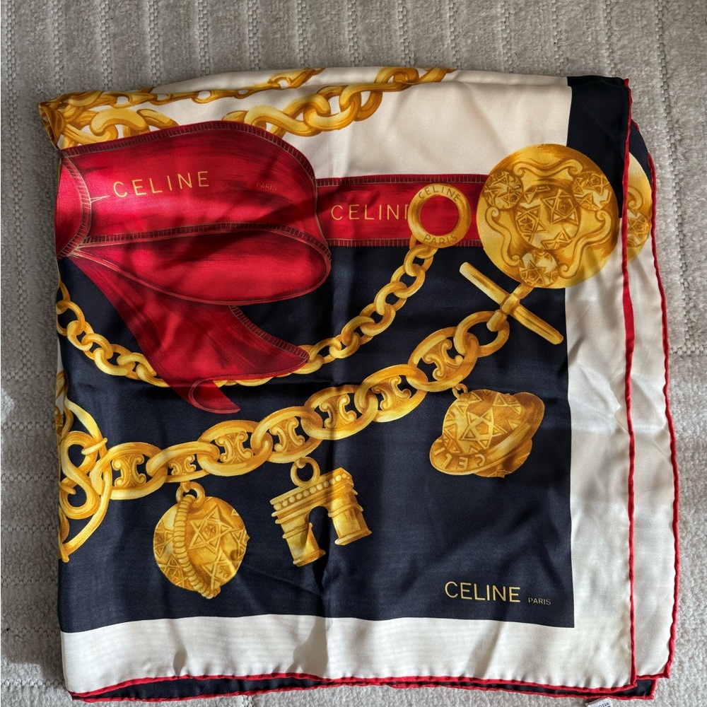 Celine Red and Gold Chain Motif Scarf
